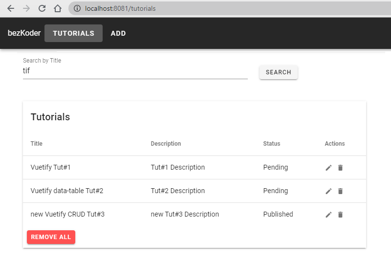 Vuetify datatable example with a CRUD App vdatatable BezKoder