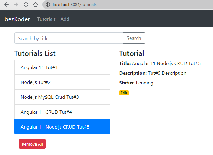 Angular 11 + Node.js Express + MySQL example CRUD