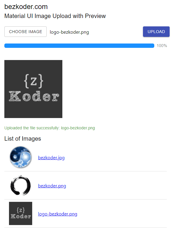 React.js Image Upload with Preview Display example BezKoder