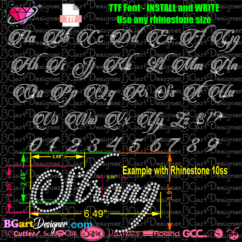 → Download Cursive script Rhinestone alphabet Best rhinestone fonts