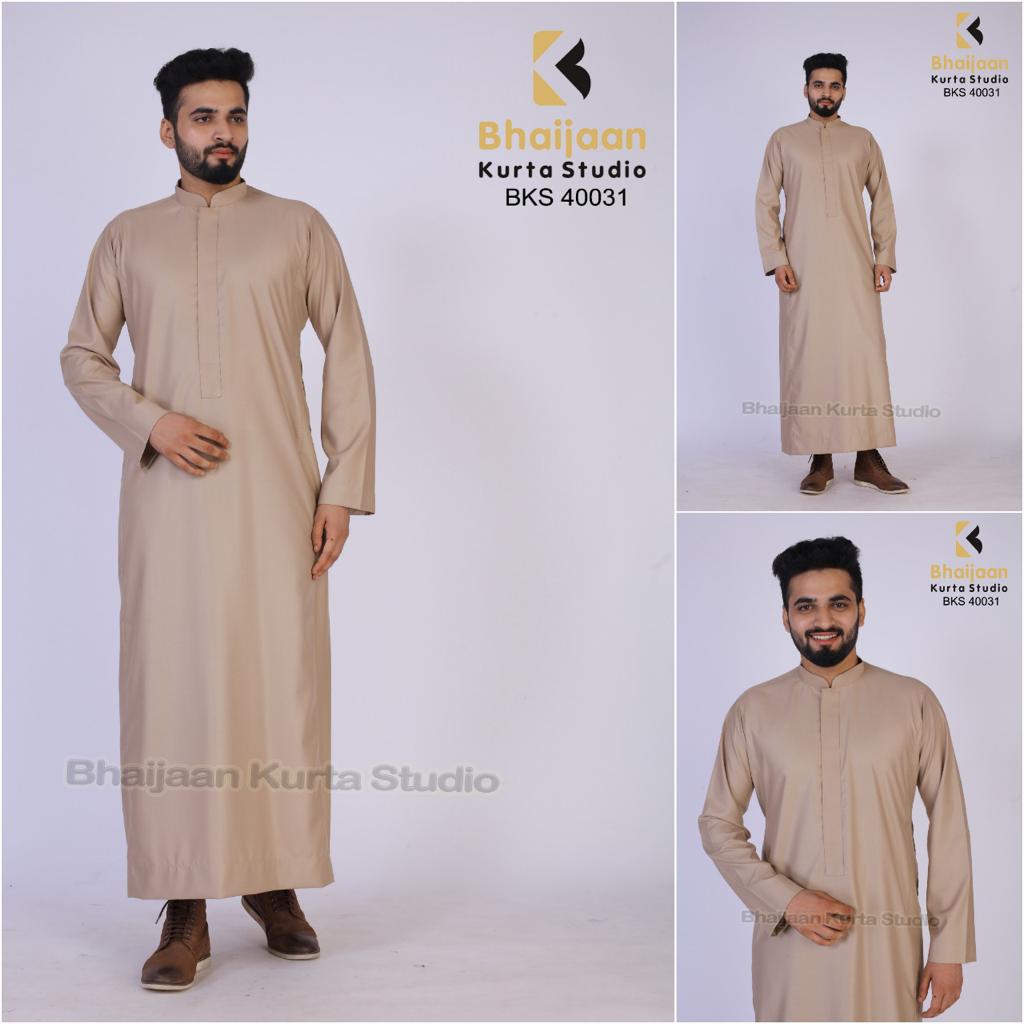 Biscuit Color Thobe Jubba with Chinese collar and Button patti