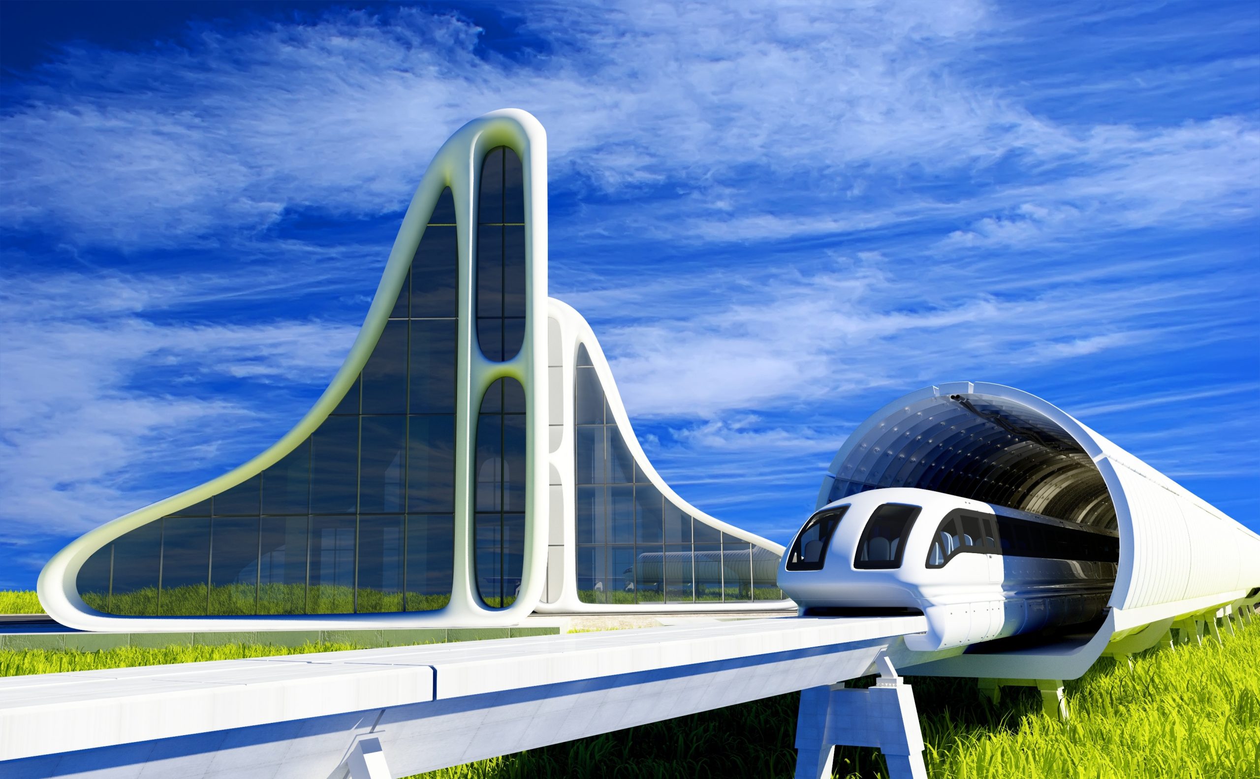 Modern building and train. B+H Architects