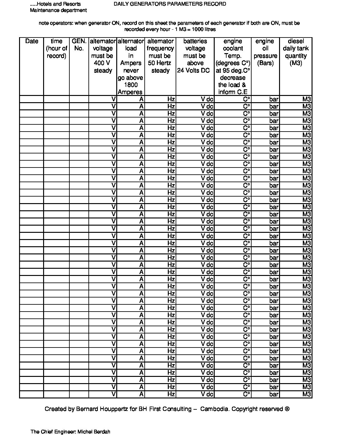 Generator Maintenance Log Book Format Authentic