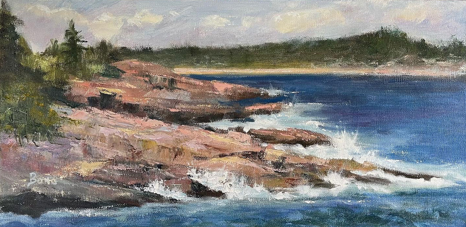 Painting Oil vintage Maine oil painting of stream bridge old dirt road