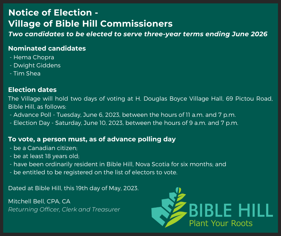 Notice of Election Village of Bible Hill Commissioners Village of