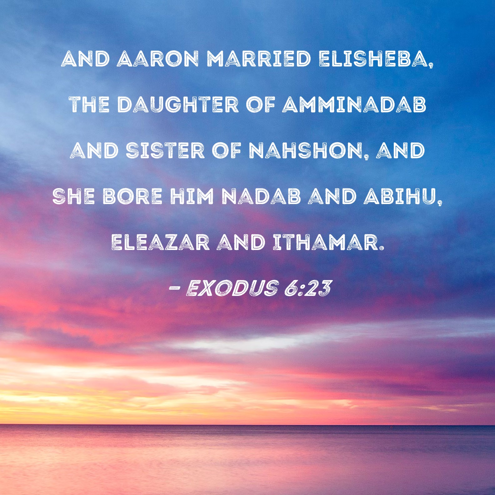 Exodus 623 And Aaron married Elisheba, the daughter of Amminadab and