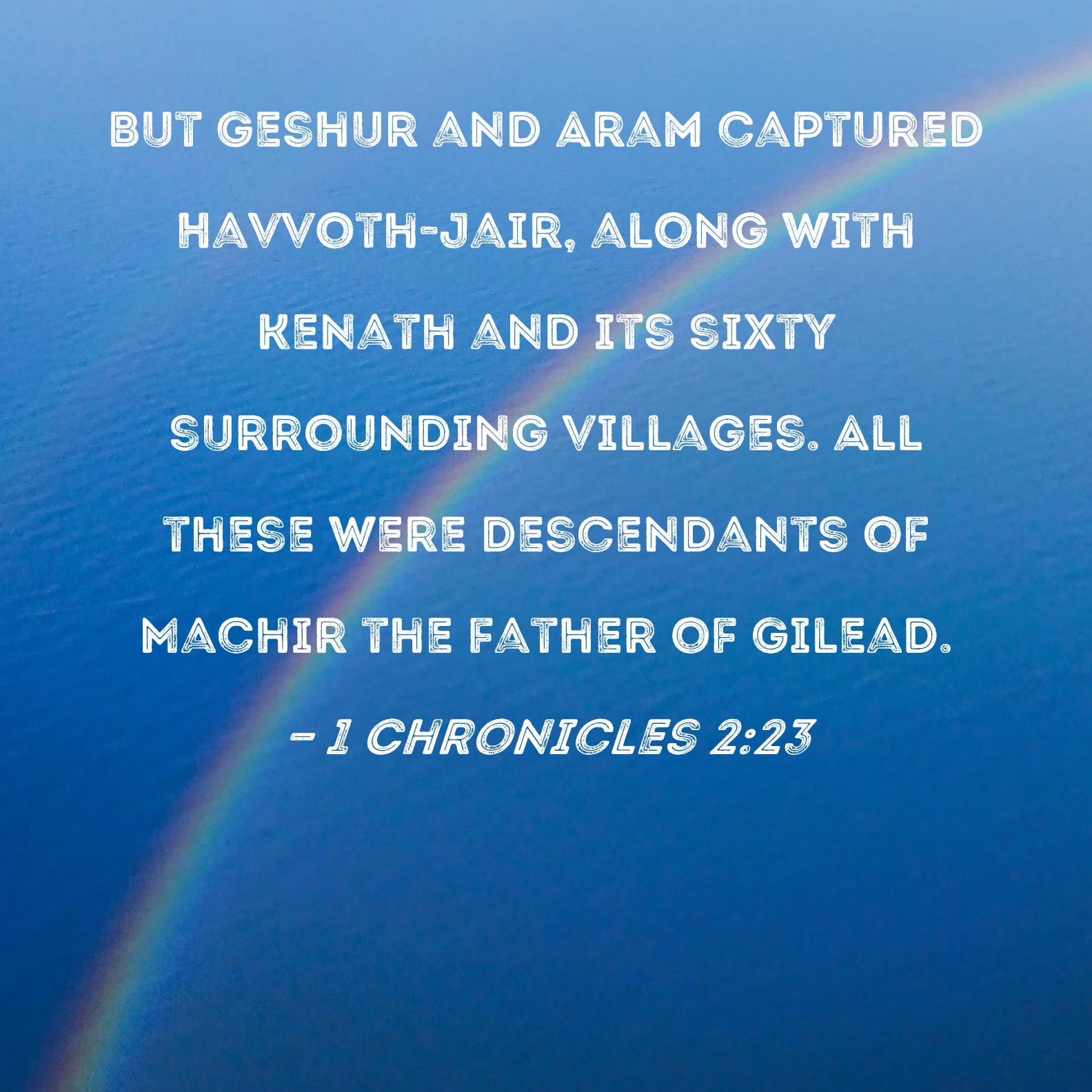 1 Chronicles 223 But Geshur and Aram captured Havvothjair, along with