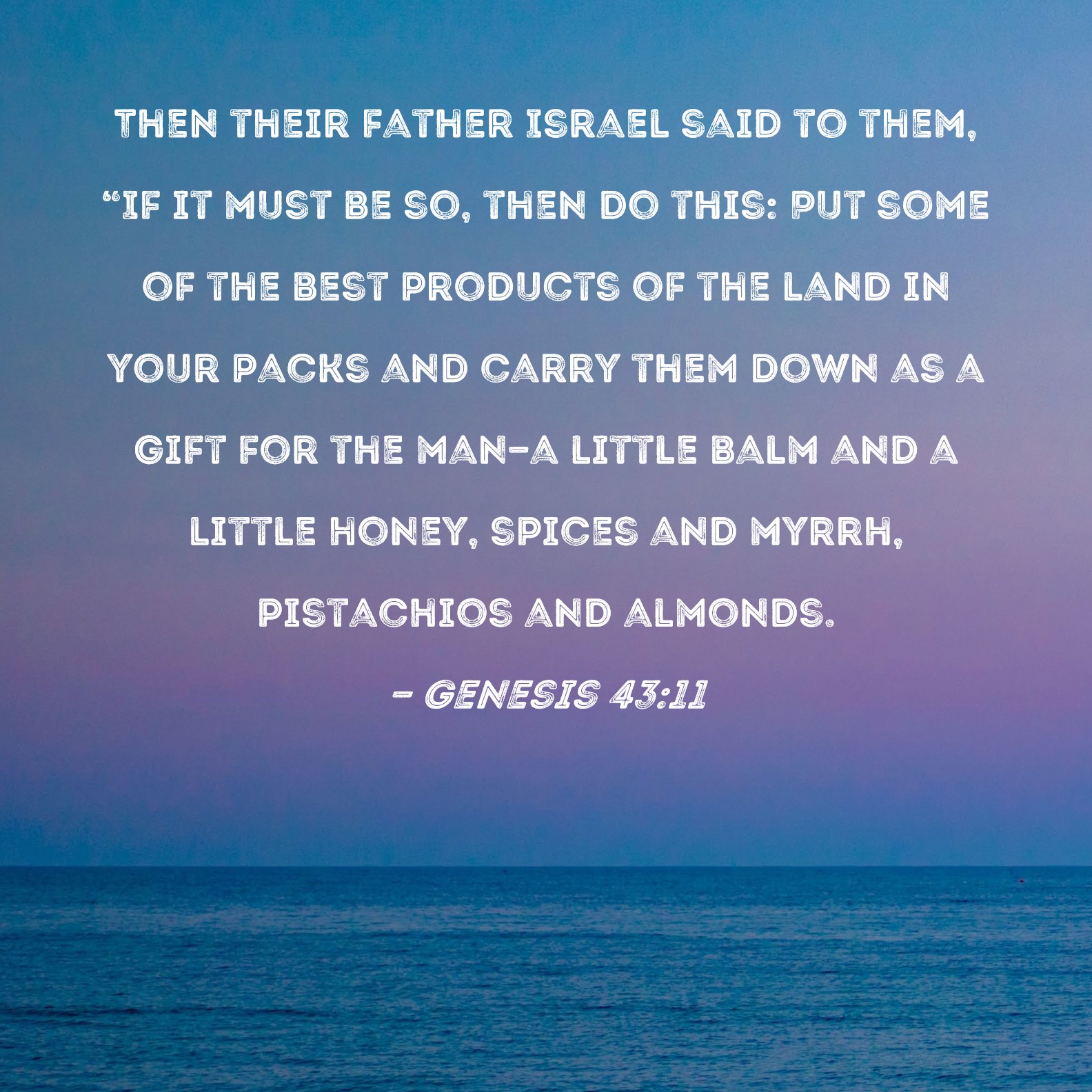 Genesis 4311 Then their father Israel said to them, "If it must be so