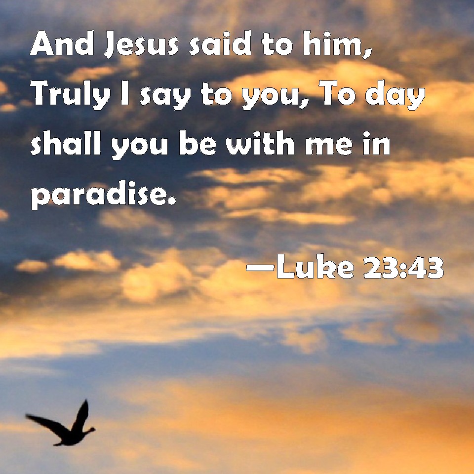 Luke 2343 And Jesus said to him, Truly I say to you, To day shall you