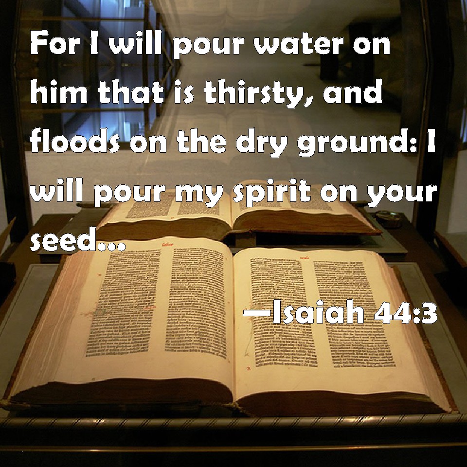 Isaiah 443 For I will pour water on him that is thirsty, and floods on the dry ground I will