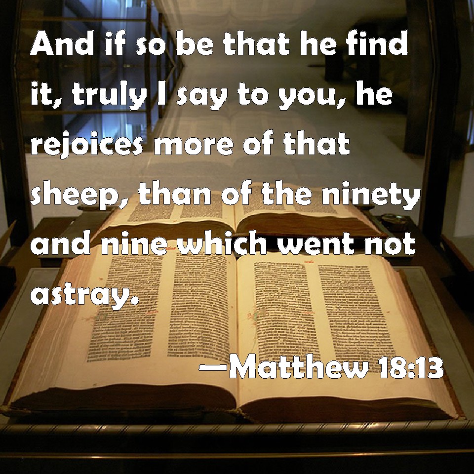 Matthew 1813 And if so be that he find it, truly I say to you, he rejoices more of that sheep