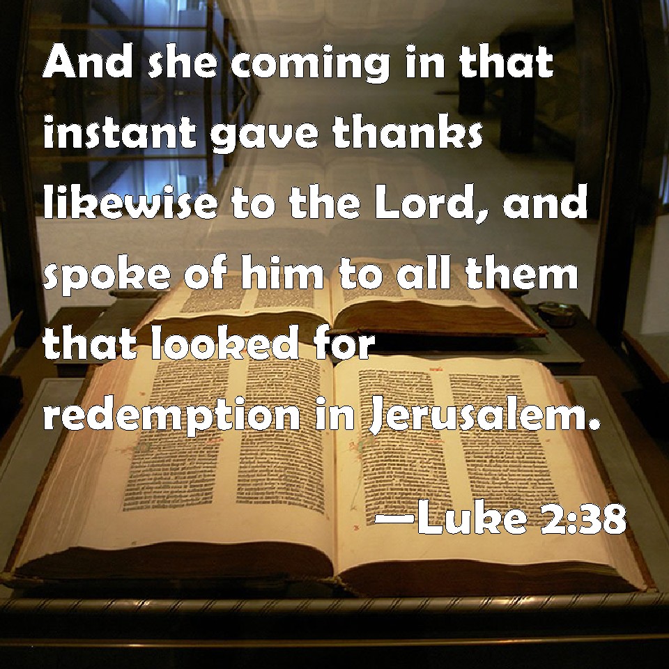 Luke 238 And she coming in that instant gave thanks likewise to the
