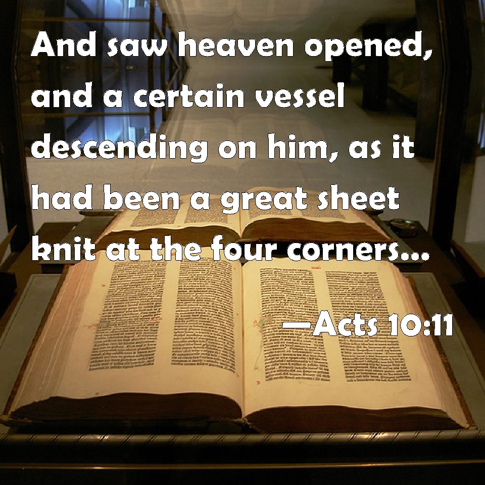 Acts 1011 And saw heaven opened, and a certain vessel descending on