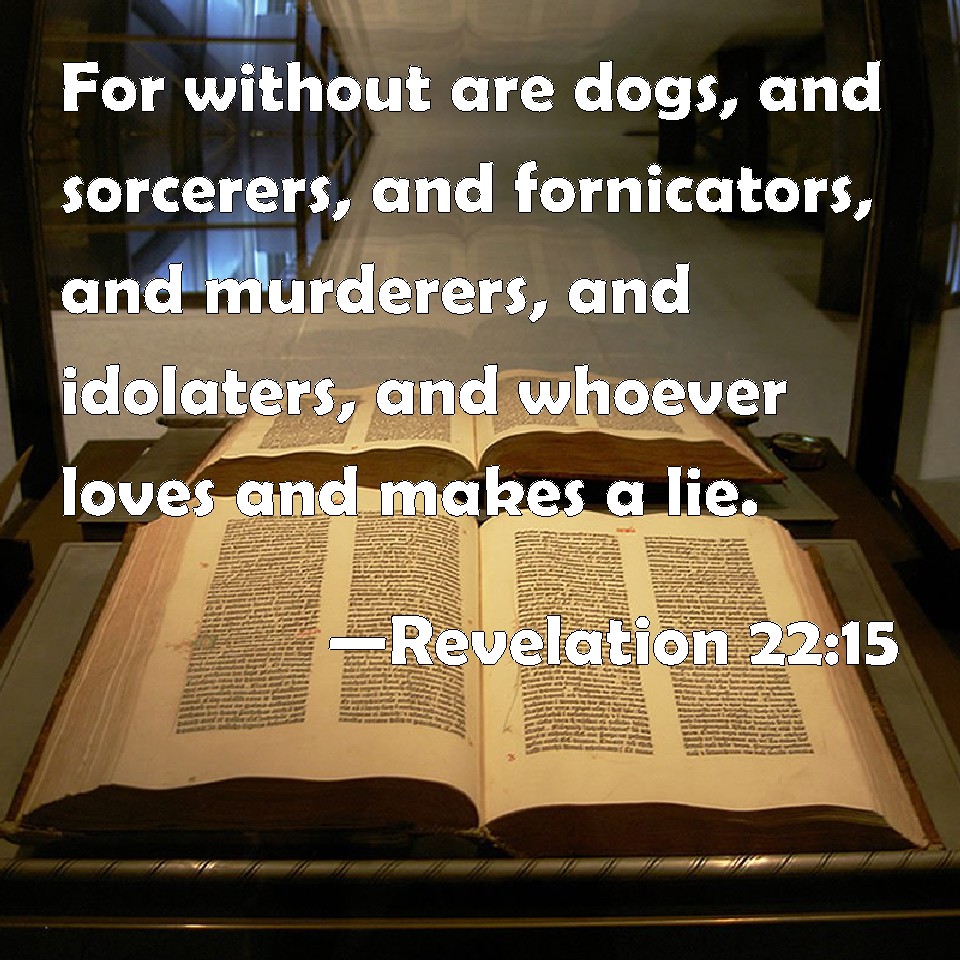 Revelation 2215 For without are dogs, and sorcerers, and fornicators