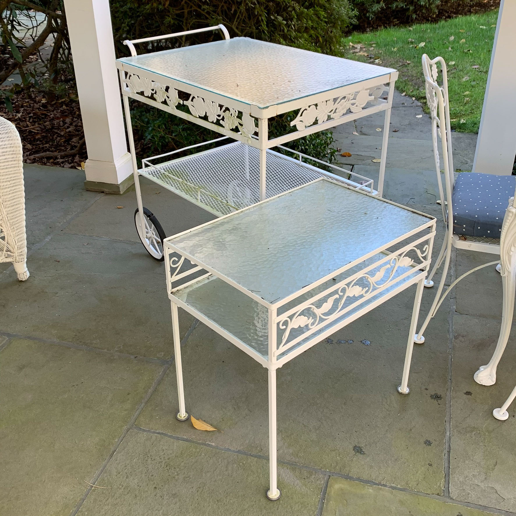 (8pc) WHITE PAINTED CAST IRON PATIO FURNITURE