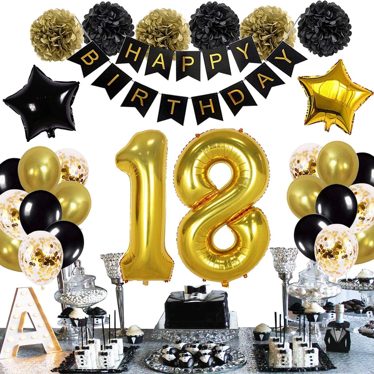 18th Black Gold Birthday Party Decoration, 18th Birthday Decoration