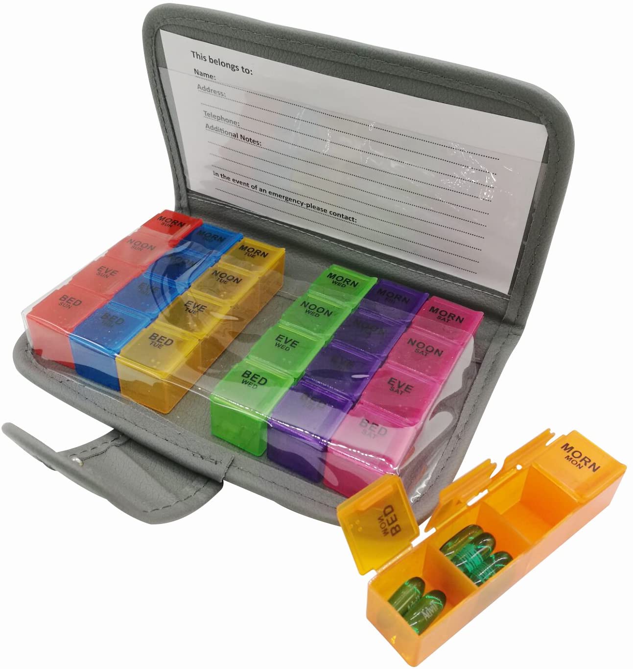 PuTwo Pill Organizer 7 Day, Weekly Leather Travel Pill Case 4 Times a