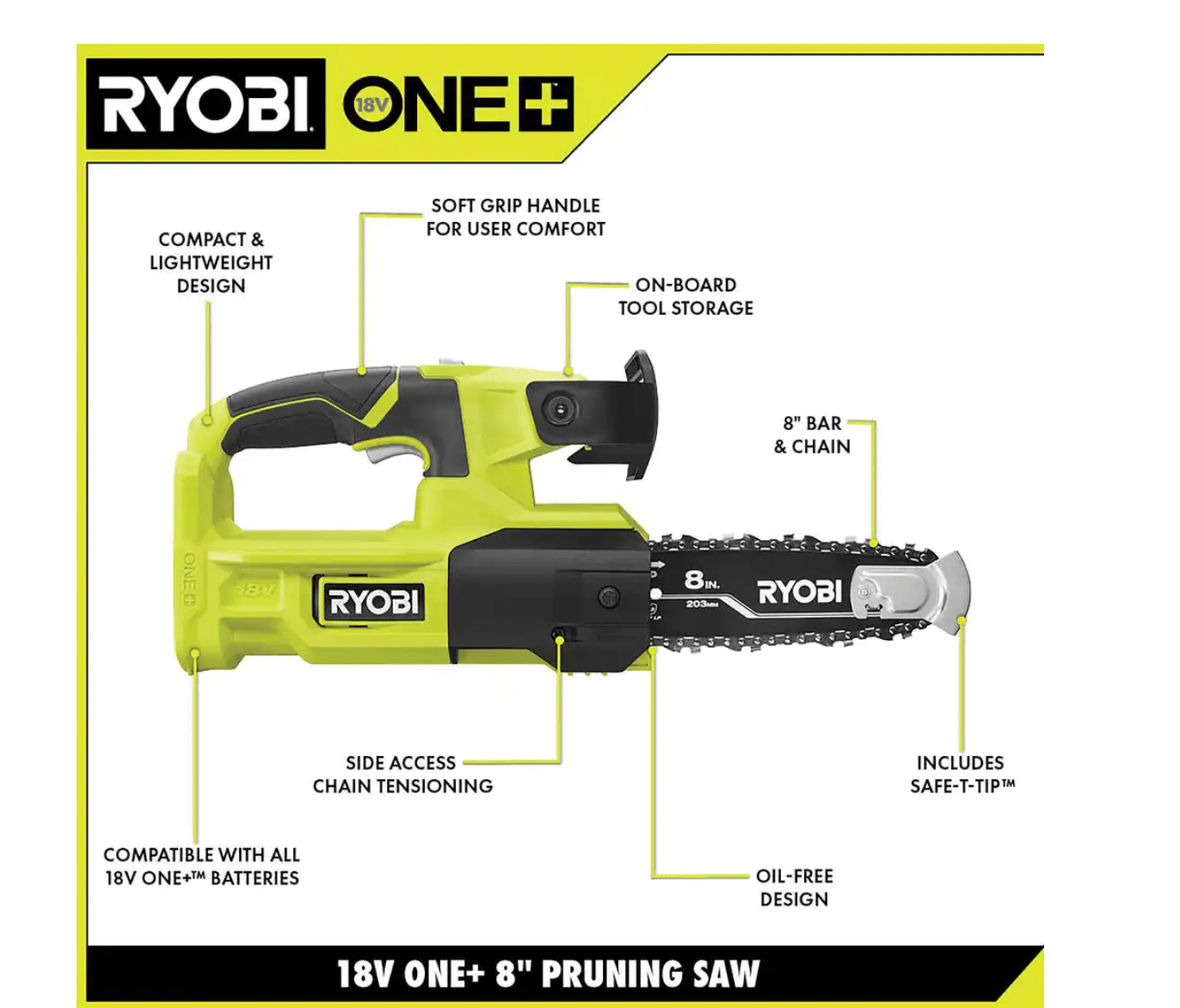 RYOBI P20310 ONE+ 18V 8 in. Cordless Battery Pole Saw and 8 in. Pruning Saw Combo Kit with 2.0