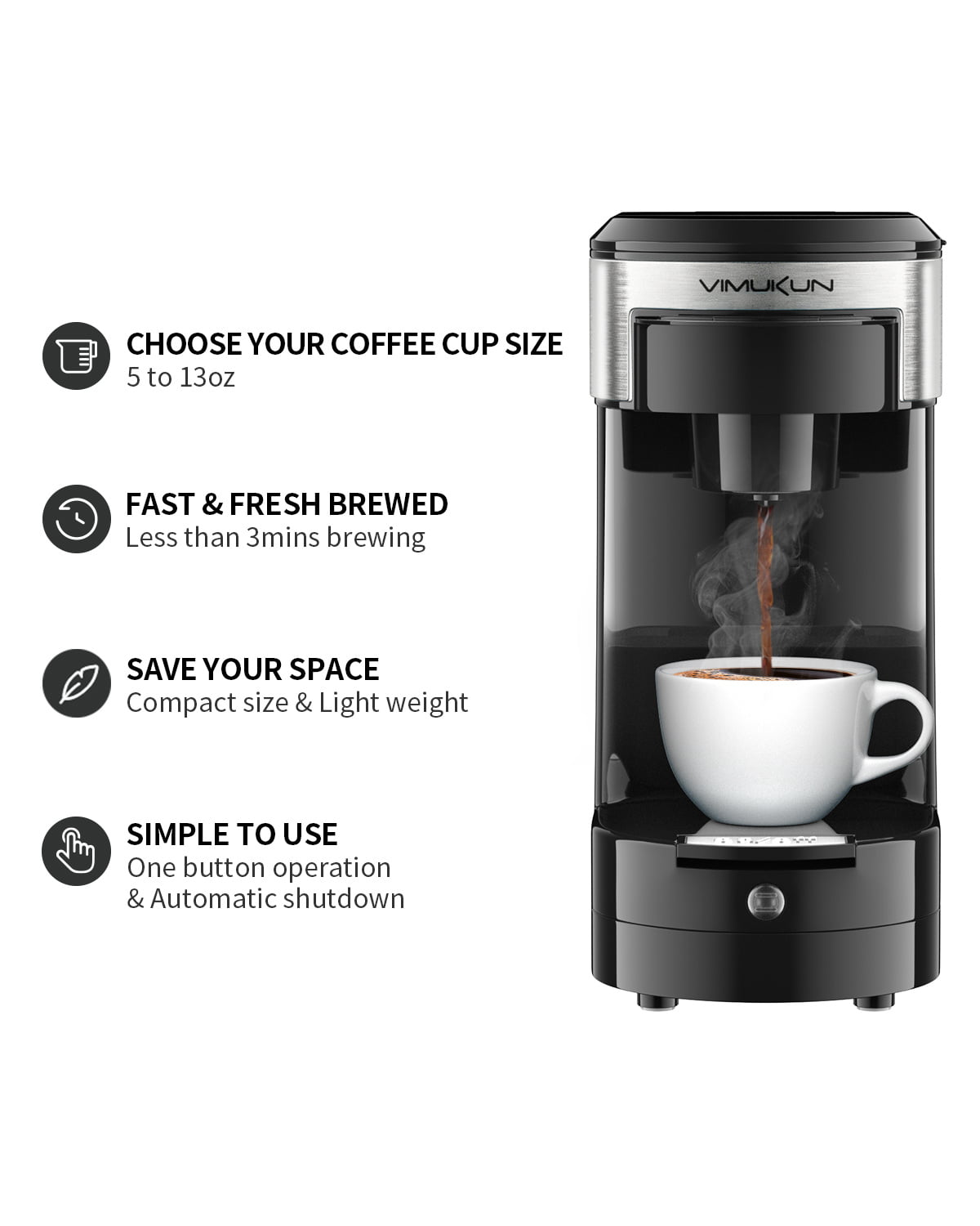 VIMUKUN Single Serve Coffee Maker, Compatible with K-Cup Pod & Ground