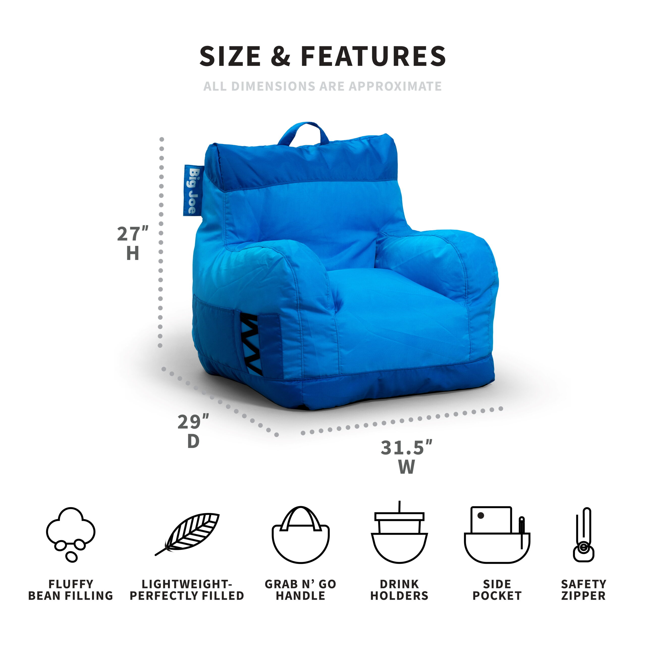 Big Joe Dorm Bean Bag Chair, Kids/Teens, Smartmax 3ft, Two Tone Blue