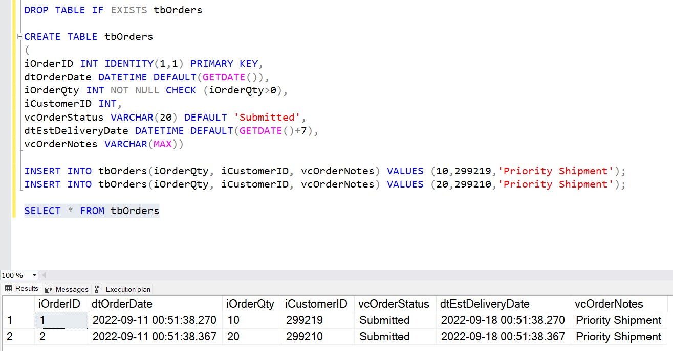 Default Constraint SQL Server Big Data & SQL