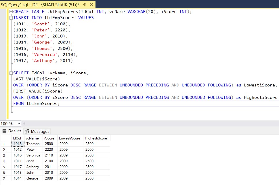 First Value and Last Value Functions in SQL Server Big Data & SQL