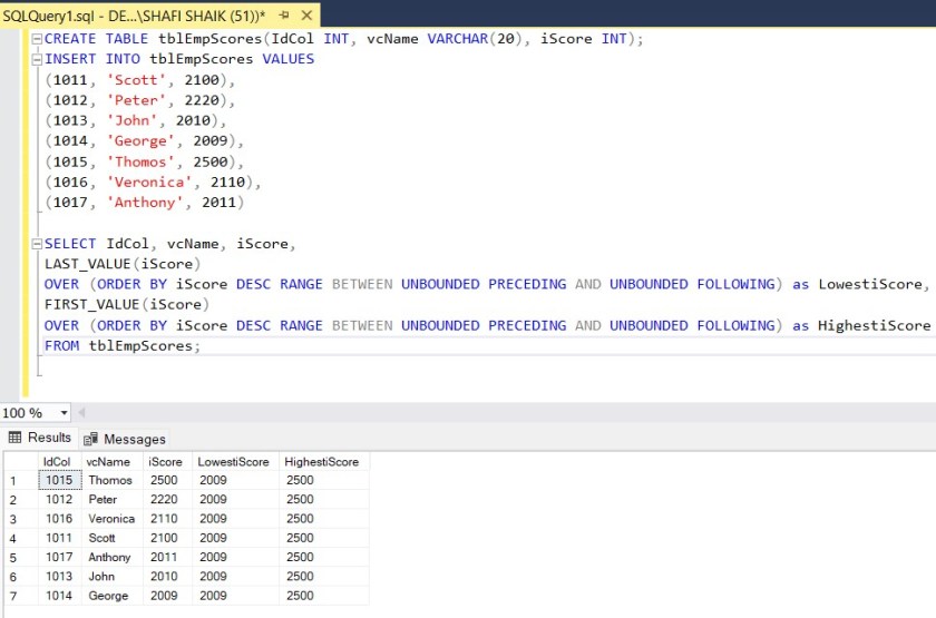 First Value and Last Value Functions in SQL Server Big Data & SQL
