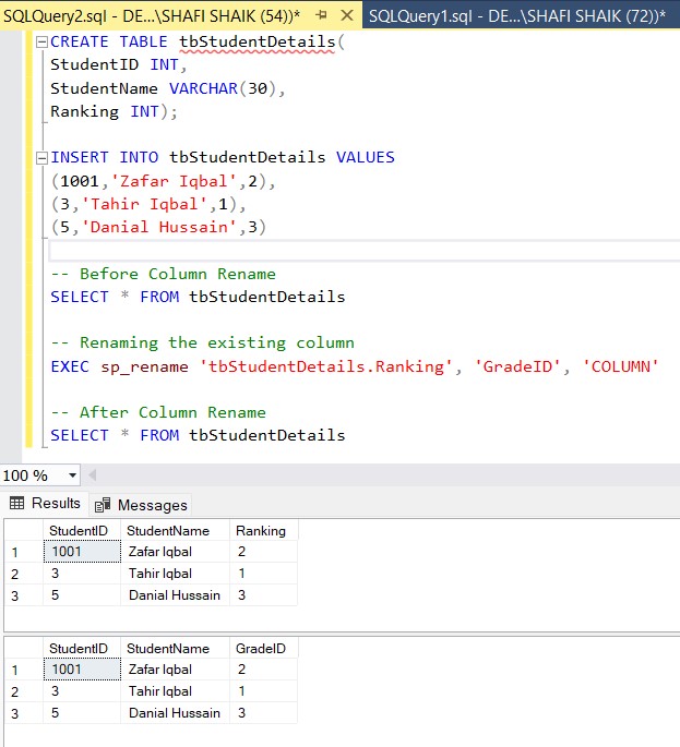 Renaming a column in SQL Server Big Data and SQL