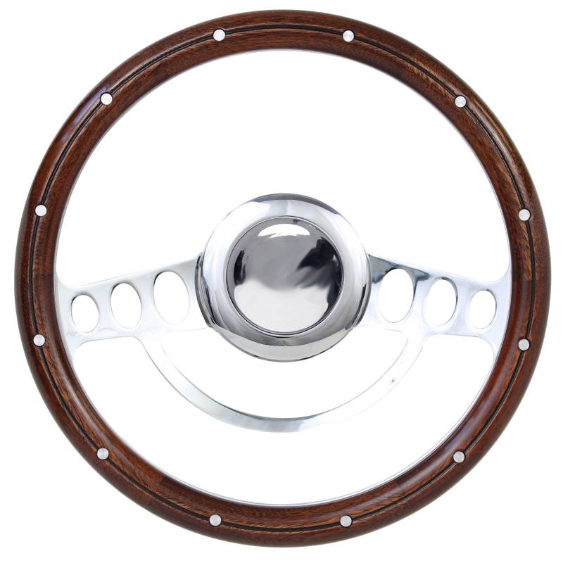 14" Chrome Hot Rod Steering Wheel w/Mahogany HalfWrap