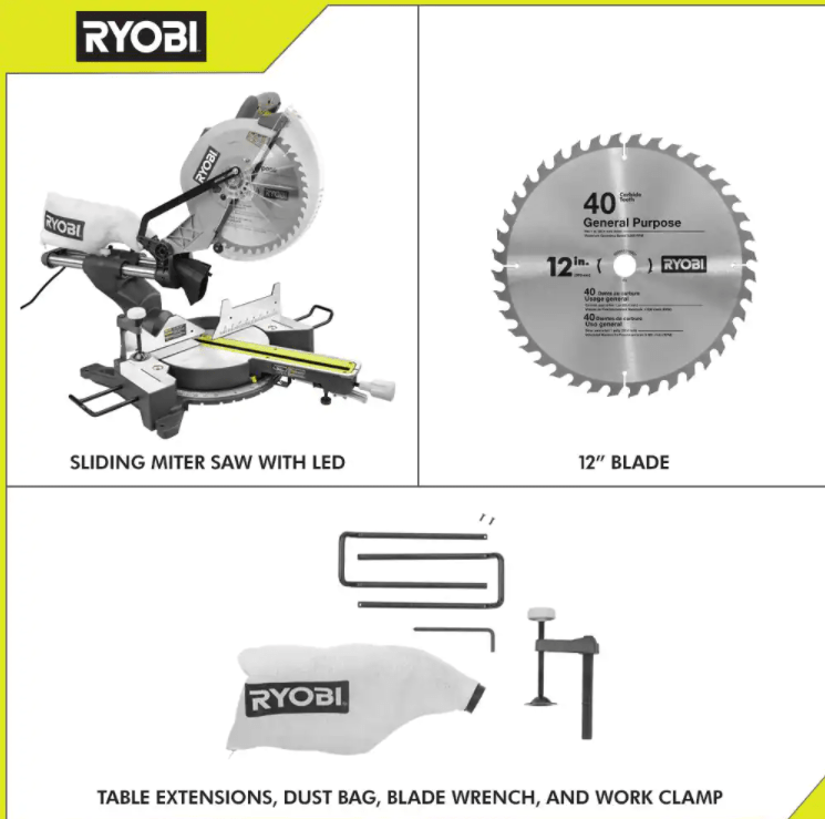 RYOBI Miter Saw TSS121 12 In. Sliding Compound With LED | BigEasyMart.com