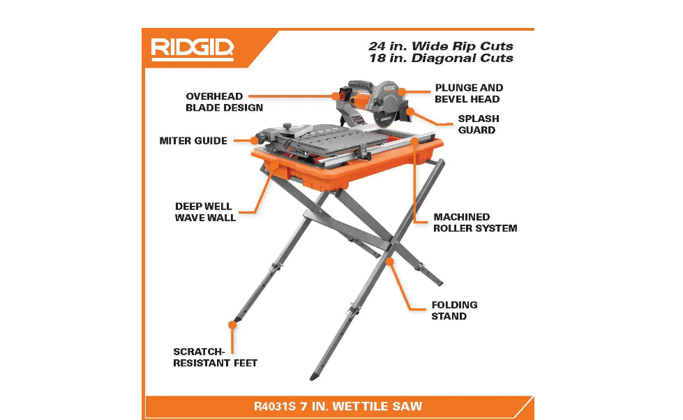 RIDGID R4031S 9 Amp Corded 7 In. Wet Tile Saw With Stand