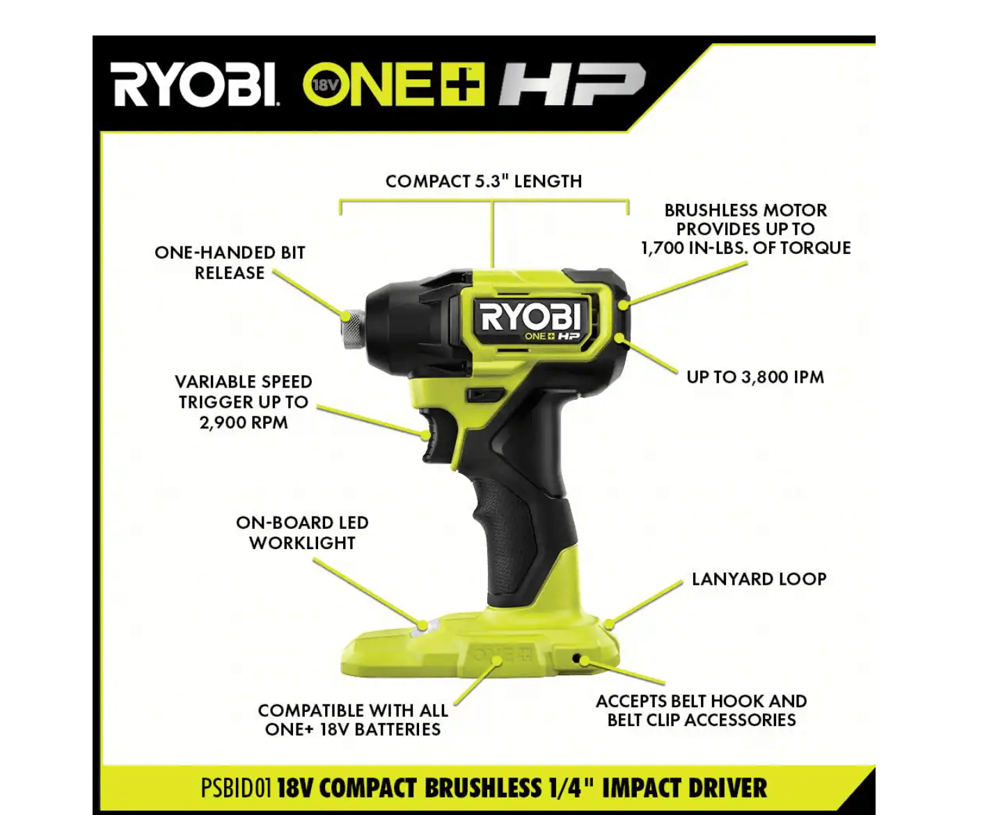 RYOBI PSBID01K-PSBCS02B ONE+ HP 18V Brushless Cordless Compact 1/4 In