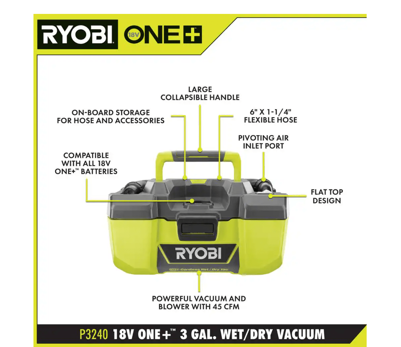 RYOBI P3240 ONE+ 18V 3 Gal. Project Wet/Dry Vacuum With Accessory