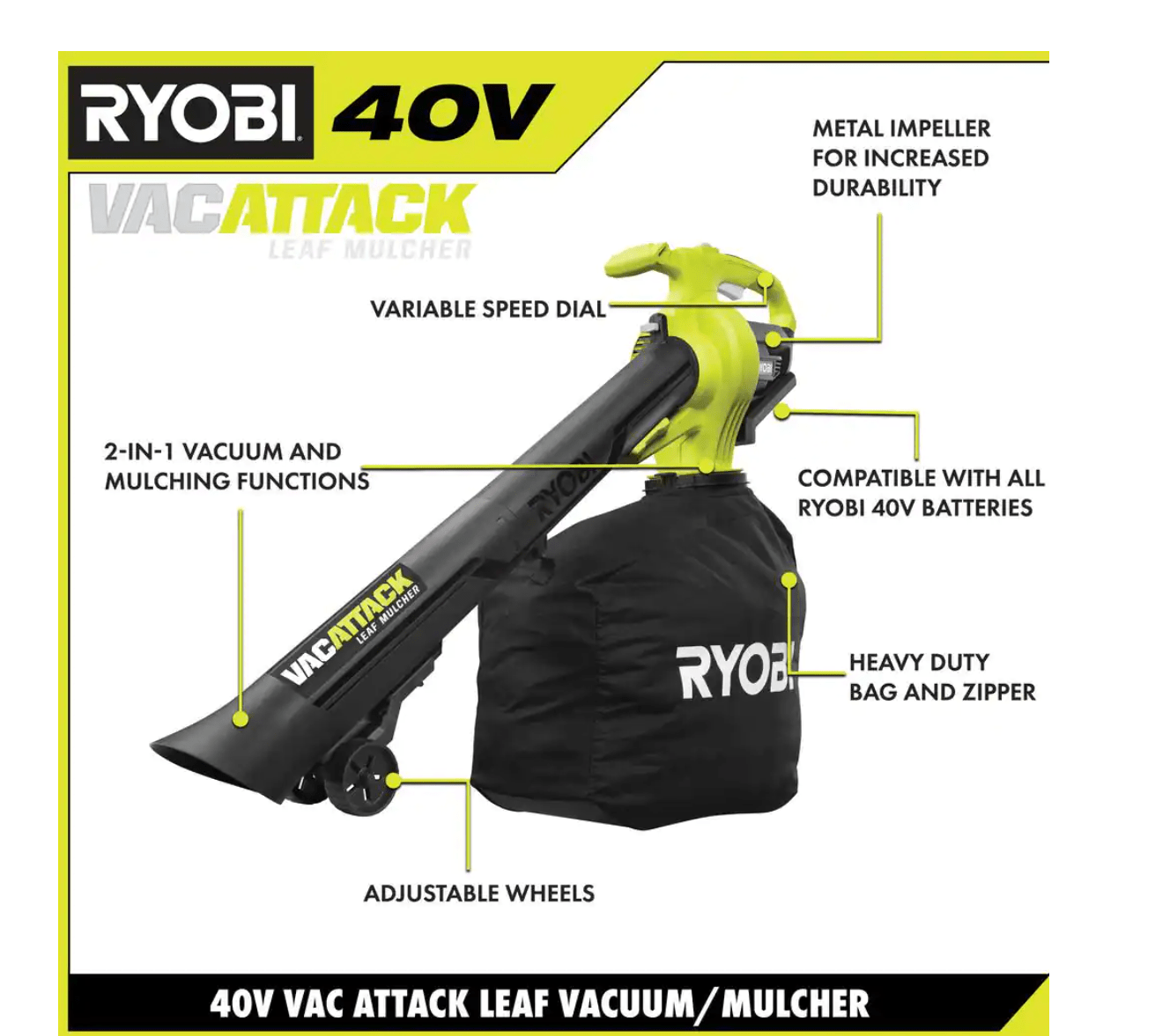 RYOBI RY40451LB 40V Vac Attack Cordless Leaf Vacuum/Mulcher And Lawn