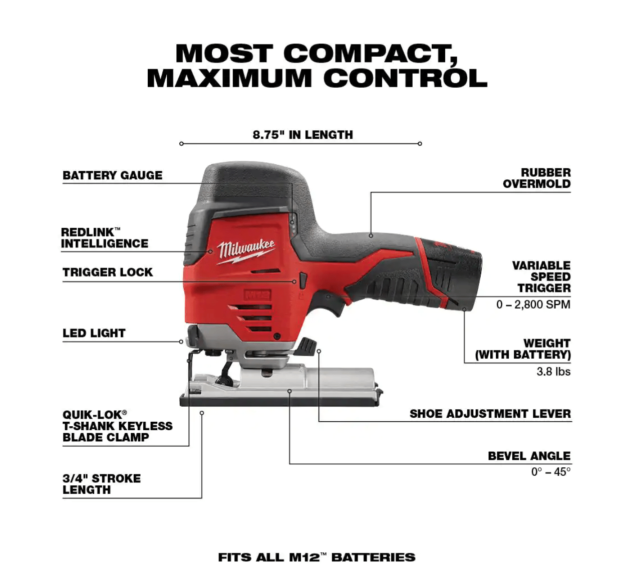 Milwaukee 2445-20-2447-20-48-11-2412 M12 12V Lithium-Ion Cordless Jig