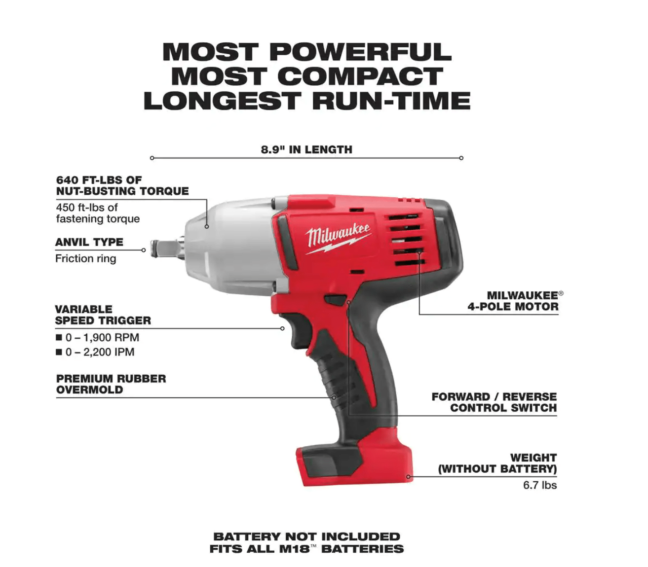 Milwaukee 2663-20 M18 18V Lithium-Ion Cordless 1/2 In. Impact Wrench W