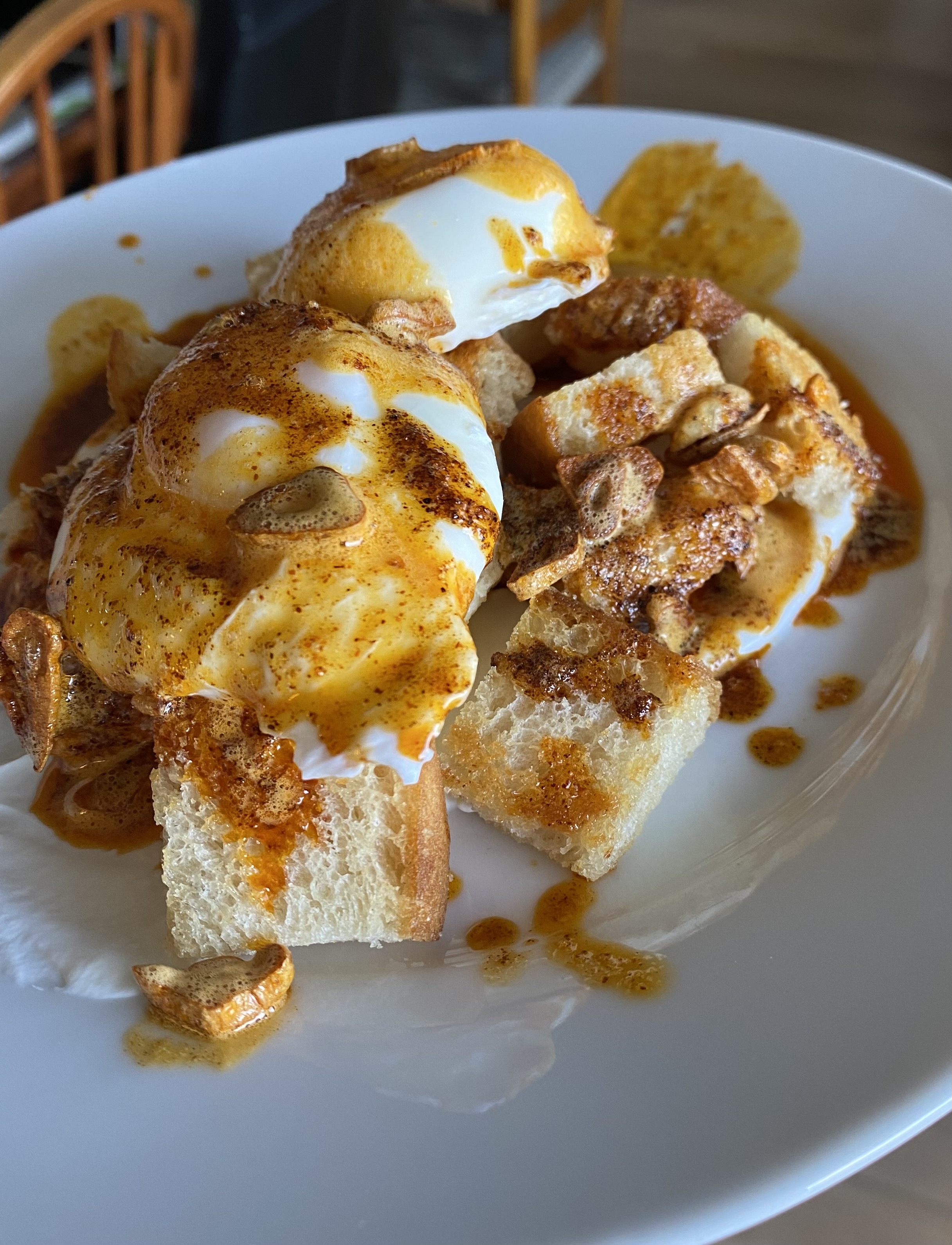 TurkishStyle Poached Eggs with Brown Butter Garlic Chips Big Surf