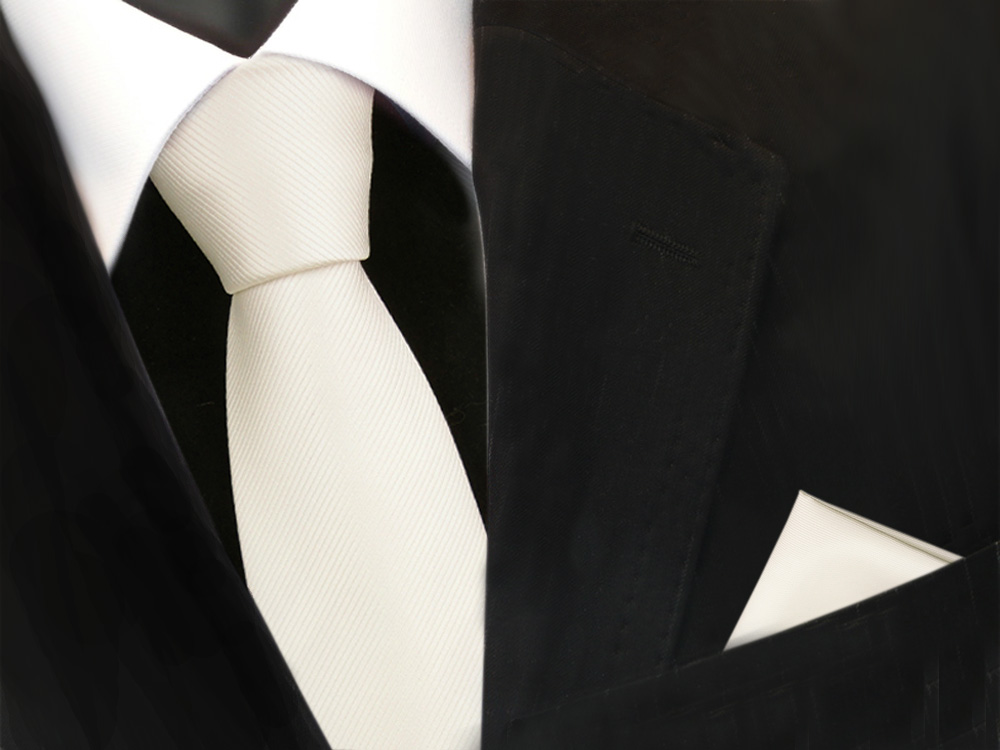 Designer TigerTie Krawatte + Einstecktuch weiß perlweiß creme cremeweiß