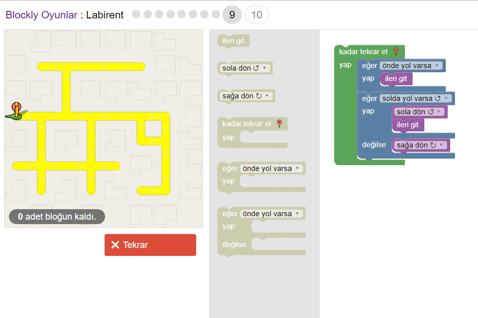 Blockly Games Tüm Bölümler ve Çözümleri