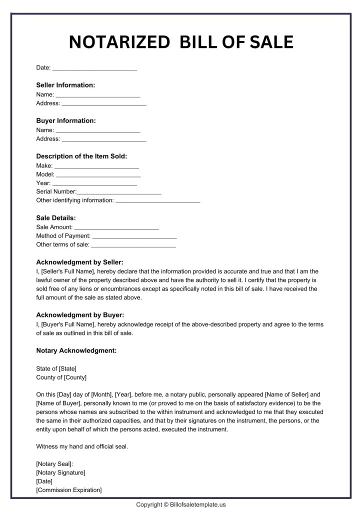Notarized Bill of Sale Form Template PDF [Free Blank Printable]