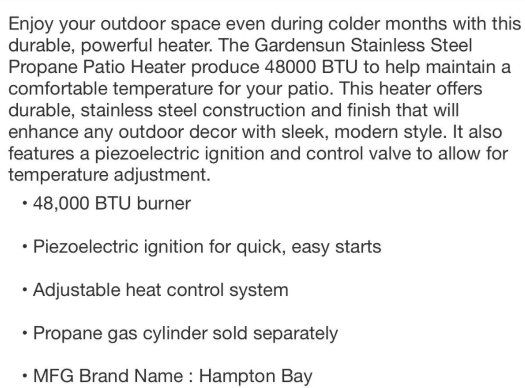 Hampton Bay Patio Heater 48000 BTU Propane Stainless Steel Outdoor