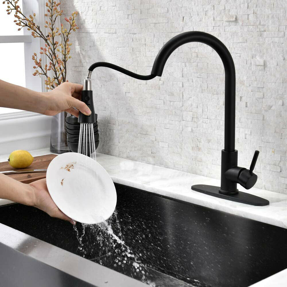 Ashford Black Farmhouse Kitchen Faucet Pull Down Sprayer Head 3 Holes