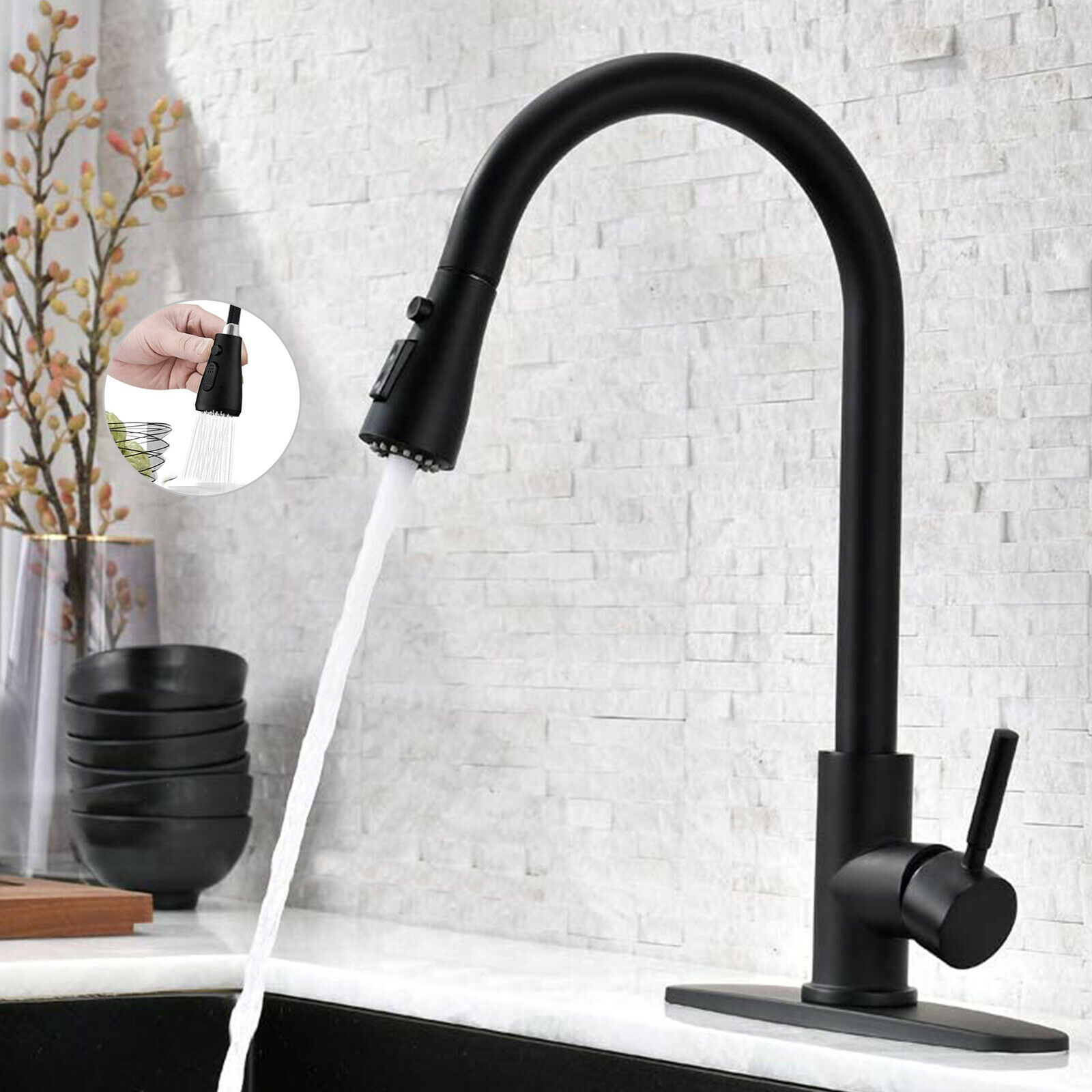 Ashford Black Farmhouse Kitchen Faucet Pull Down Sprayer Head 3 Holes