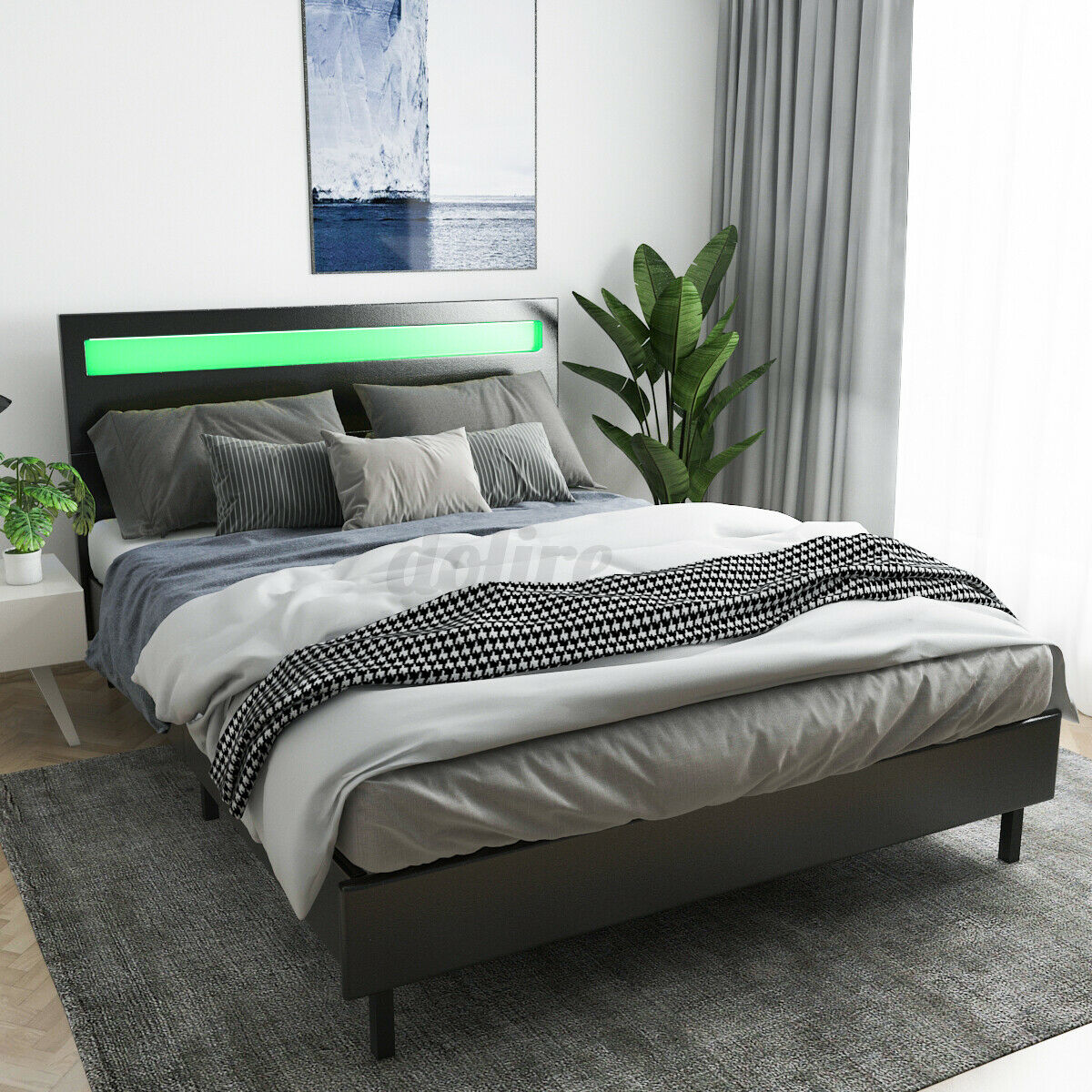 Minimalist Platform Bed Frame With Led Headboard Queen Size Upholstered