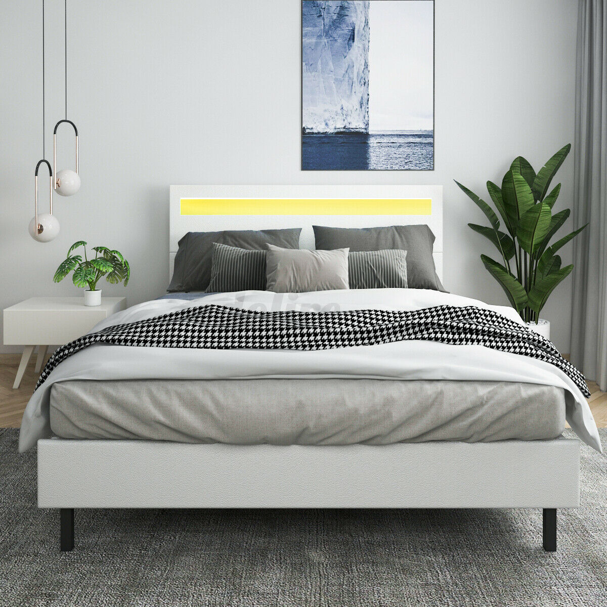 Minimalist Platform Bed Frame With Led Headboard Queen Size Upholstered