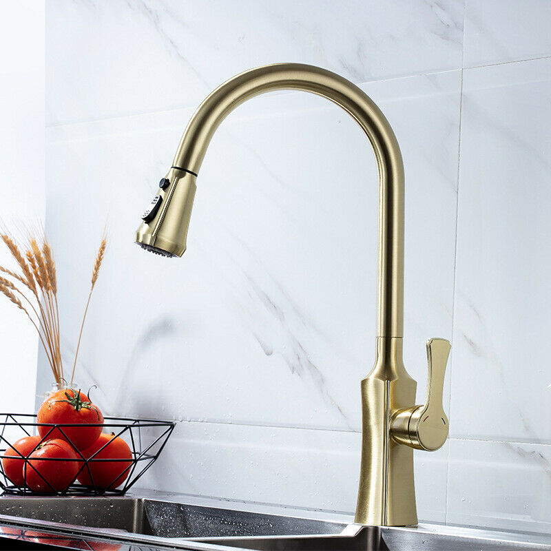 Ashford Brushed Gold Brass Kitchen Faucet Mixer Pull Out Two Function