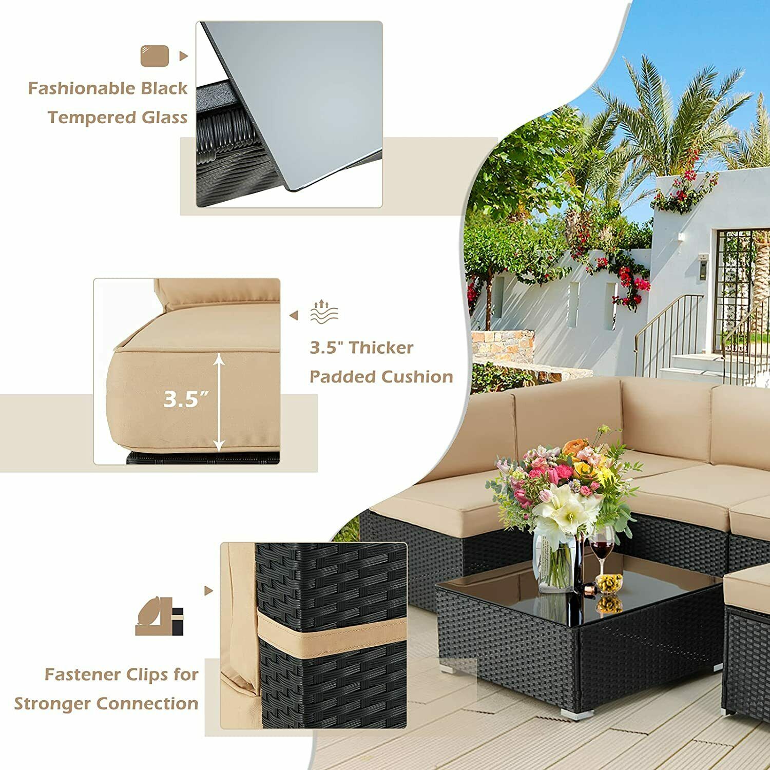 Aecojoy 7 Piece Patio Rattan Sofa Set Outdoor Wicker Sectional