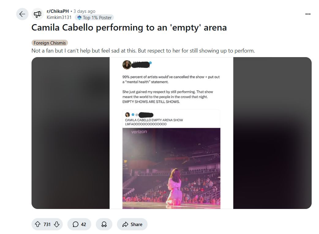 Camila Cabello faces ridicule over ‘empty arena’ photo, but antifan
