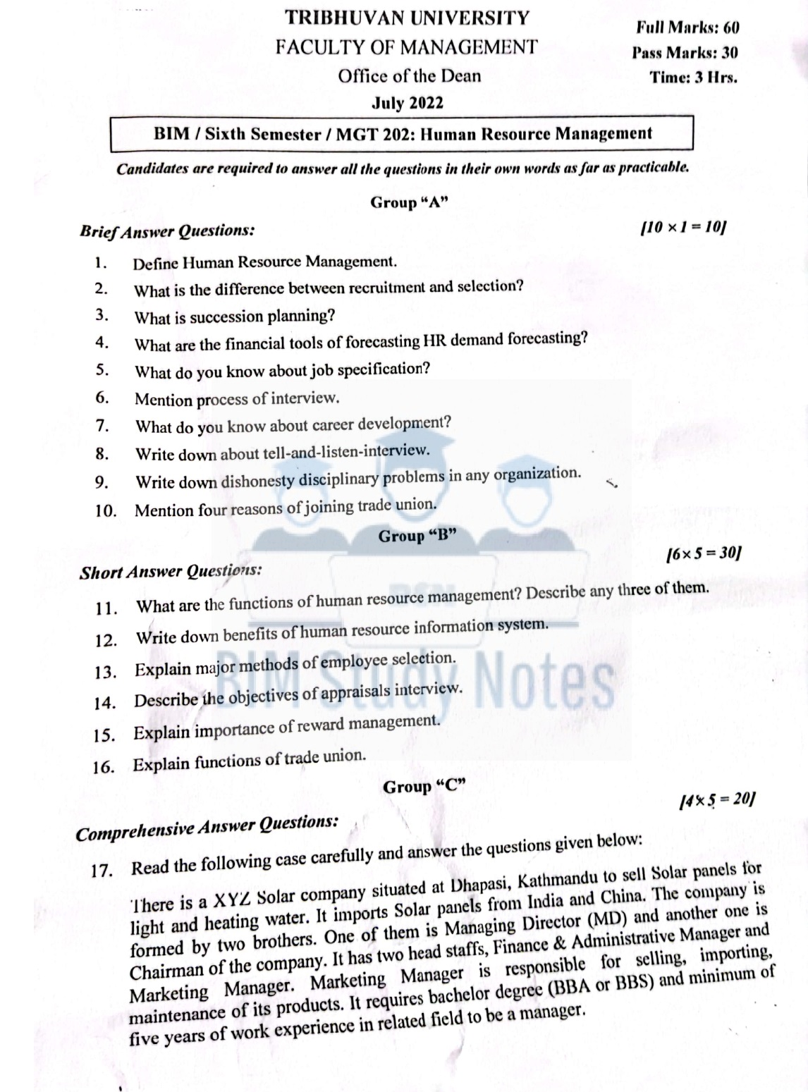 Human Resource Management TU Paper BIM Study Notes