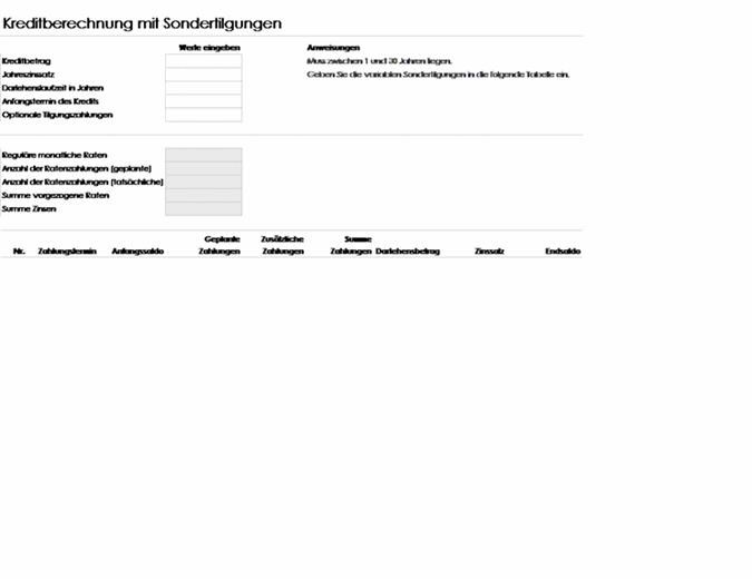Kreditberechnung mit Sondertilgungen